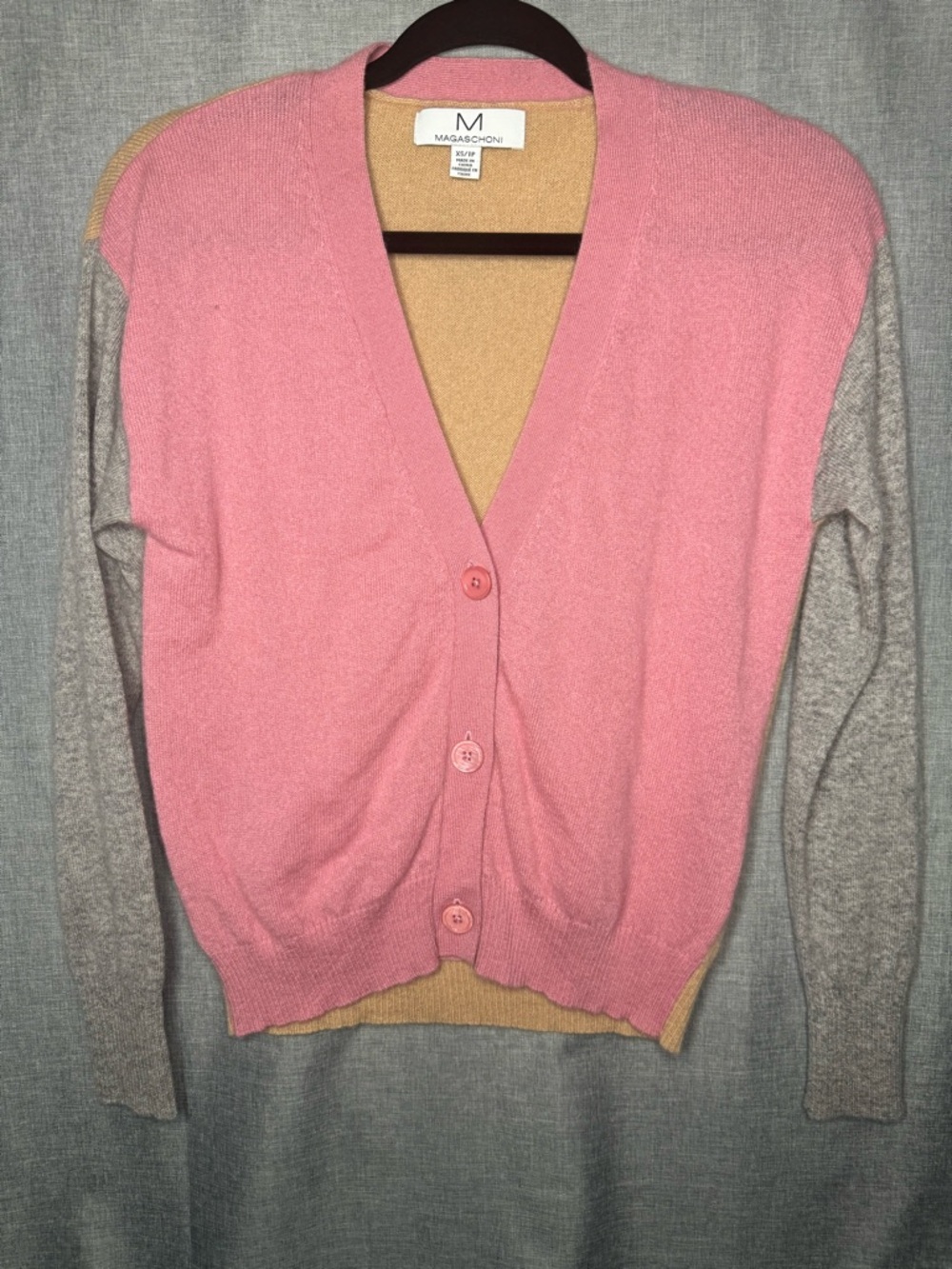 Magaschoni Cashmere Colorblock Cardigan Pink Camel Gray Button Sweater XS